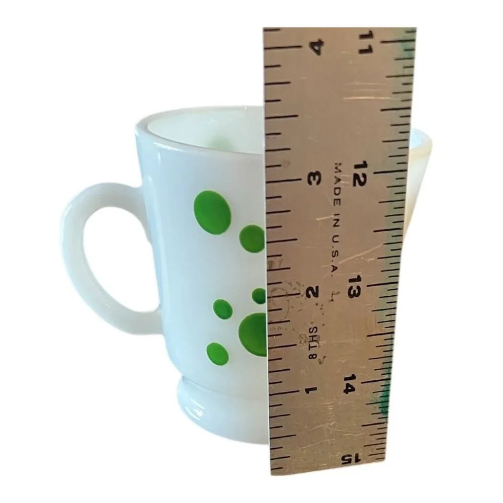 Hazel Atlas Milk Glass Footed Mugs Set Of 4 Green Polka Dot MCM Logo Retro Gift